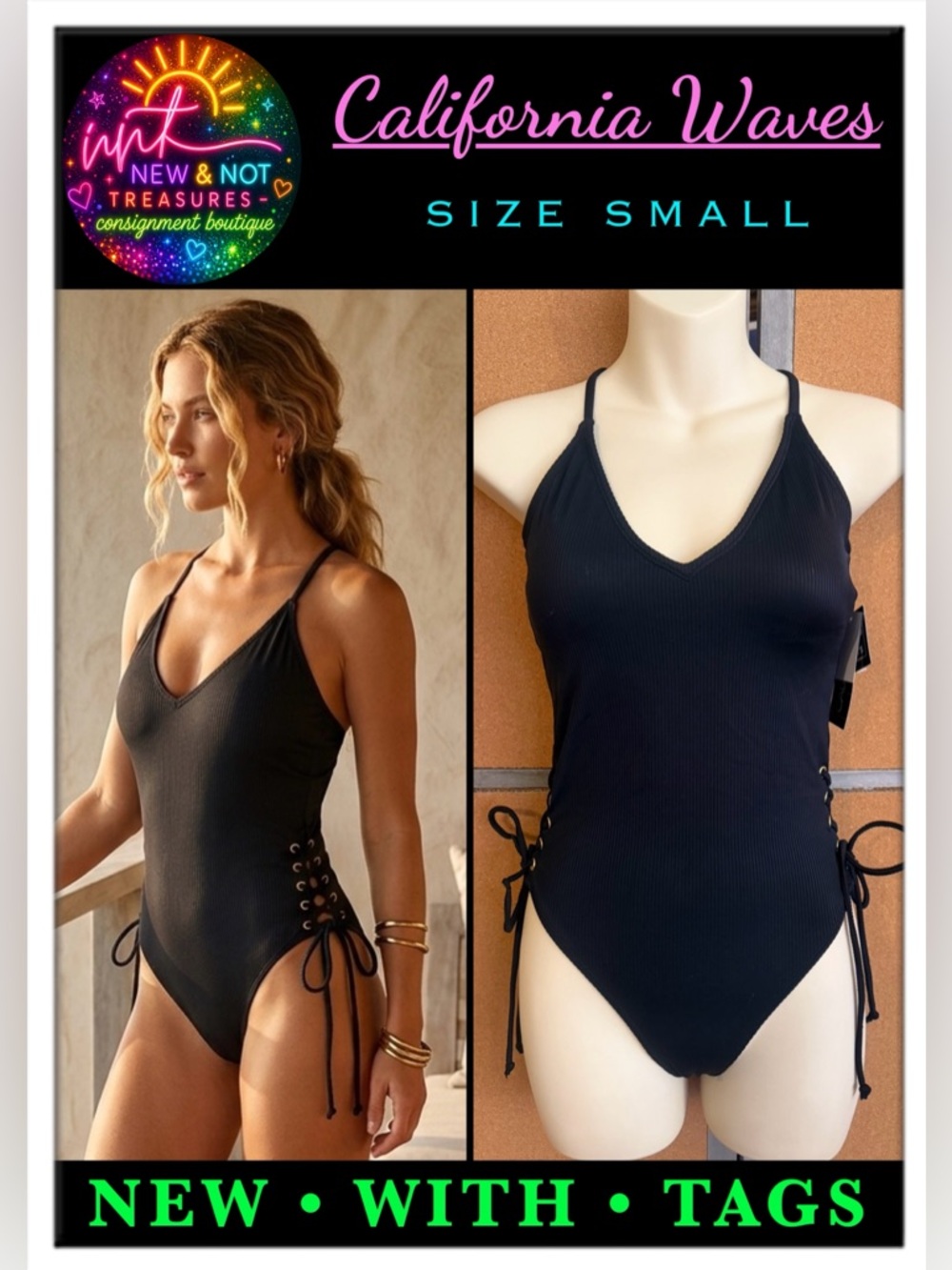 NWT California Waves  Ribbed Cross Back Side Lace One Piece Swimsuit Black Small